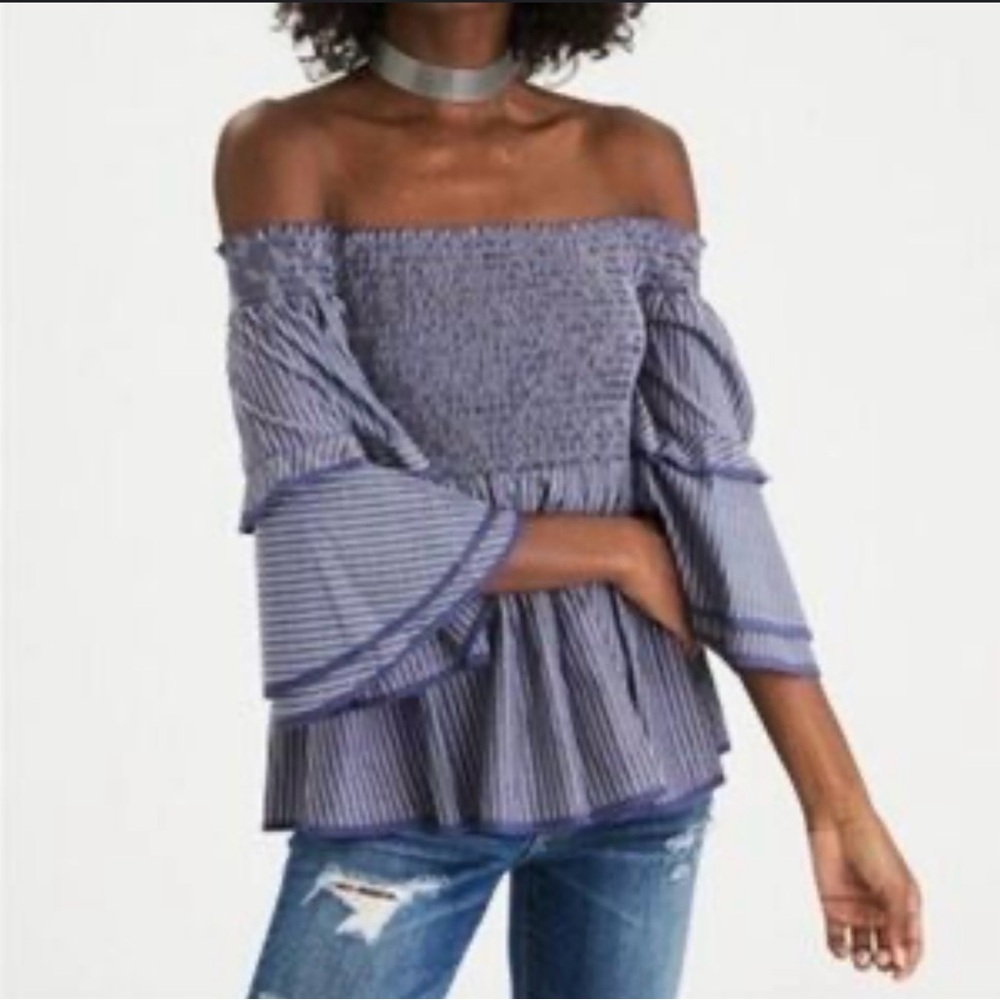 American Eagle Blue and White Smocked Off-the-Shoulder Blouse